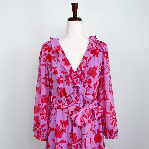 Ann Taylor Pink Floral Ruffle Faux Wrap Midi Dress Size 6 - Picture 3 of 11
